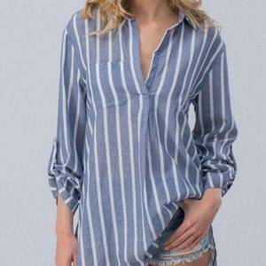 Blue White Striped Collared Tunic Coverup
